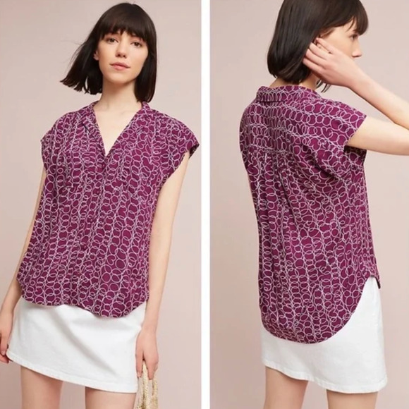 Maeve Blouse Womens S Small Raffine Cap Sleeve Button Front Pocket Curved Hem - Picture 12 of 13